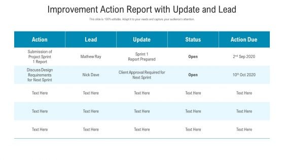 Improvement Action Report With Update And Lead Ppt PowerPoint Presentation Background Images PDF