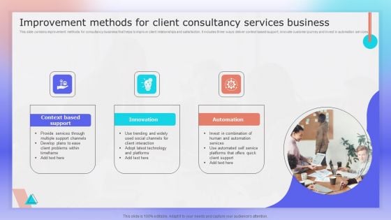 Improvement Methods For Client Consultancy Services Business Ppt Visual Aids Show PDF Improvement Methods For Client Consultancy Services Business Ppt Visual Aids Show PDF