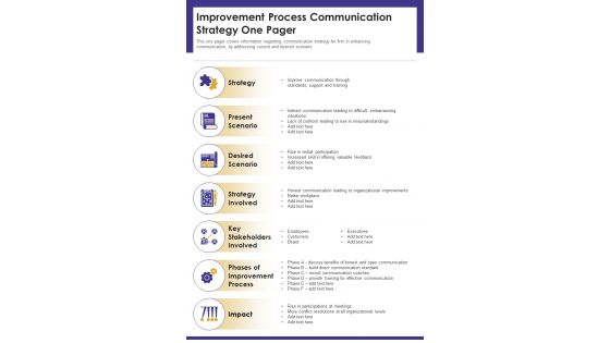 Improvement Process Communication Strategy One Pager PDF Document PPT Template