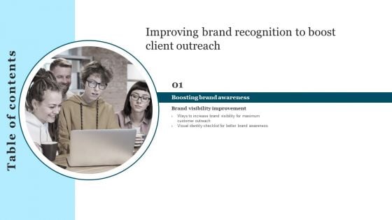 Improving Brand Recognition To Boost Client Outreach Table Of Contents Topics PDF