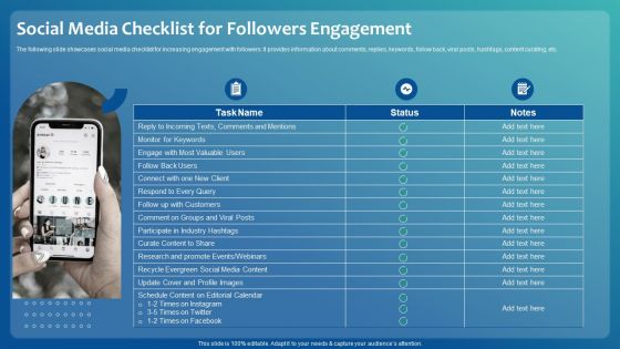 Improving Digital Community Engagement Strategy Social Media Checklist For Followers Engagement Information PDF