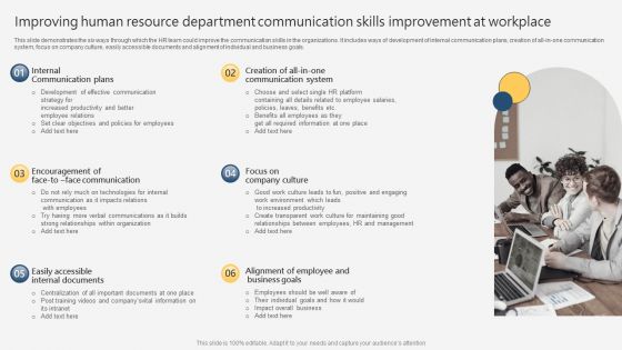 Improving Human Resource Department Communication Skills Improvement At Workplace Icons PDF