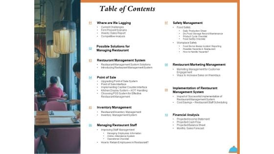 Improving Restaurant Operations Table Of Contents Ppt PowerPoint Presentation Infographics Examples PDF