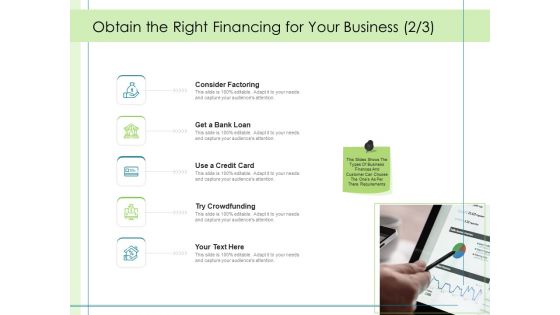 In Depth Business Assessment Obtain The Right Financing For Your Business Ppt PowerPoint Presentation Infographics Master Slide PDF