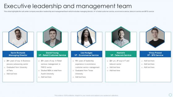 Inbound And Outbound Services Business Profile Executive Leadership And Management Structure PDF