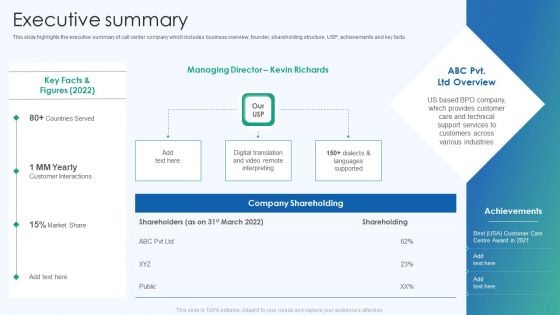 Inbound And Outbound Services Business Profile Executive Summary Introduction PDF