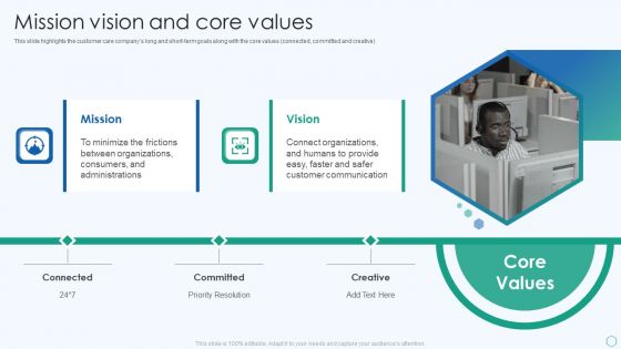 Inbound And Outbound Services Business Profile Mission Vision And Core Values Portrait PDF