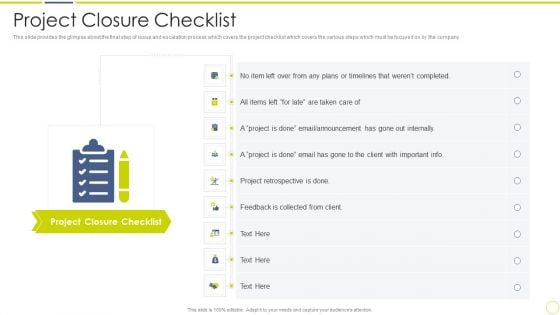 Incident And Issue Management Procedure Project Closure Checklist Ppt Inspiration Infographic Template PDF Incident And Issue Management Procedure Project Closure Checklist Ppt Inspiration Infographic Template PDF