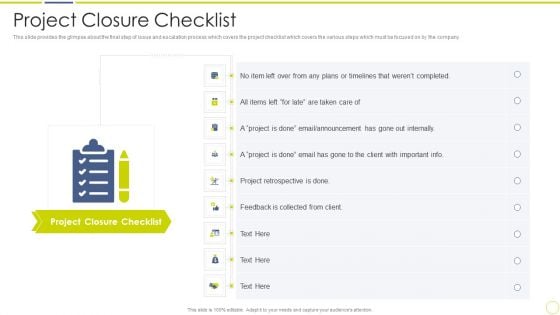 Incident And Issue Management Procedure Project Closure Checklist Ppt Inspiration Infographic Template PDF