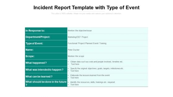 Incident Report Template With Type Of Event Ppt PowerPoint Presentation Summary Influencers PDF