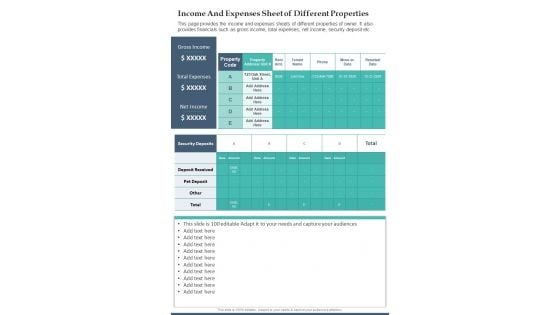 Income And Expenses Sheet Of Different Properties One Pager Documents