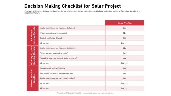 Incorporating Solar PV Commercial Building Decision Making Checklist For Solar Project Ppt Show Design Inspiration PDF