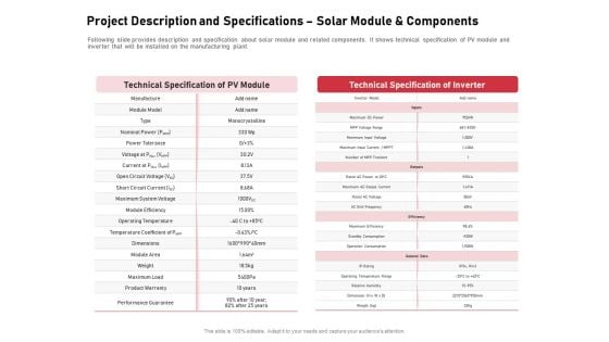 Incorporating Solar PV Commercial Building Project Description And Specifications Solar Module And Components Information PDF