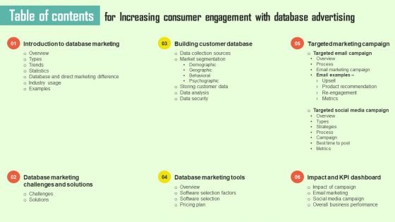 Increasing Consumer Engagement With Database Advertising Table Of Contents Demonstration PDF