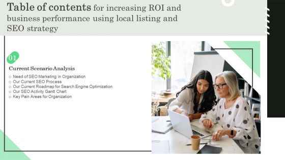 Increasing ROI And Business Performance Using Local Listing And SEO Strategy Table Of Contents Microsoft PDF