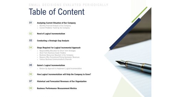 Incremental Decision Making Table Of Content Ppt Ideas Samples PDF