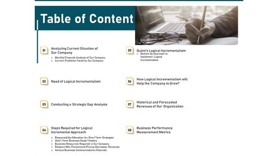 Incrementalism Strategy Table Of Content Ppt Professional Slide PDF