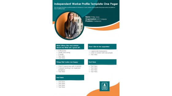 Independent Worker Profile Template One Pager PDF Document PPT Template