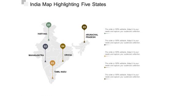 India Map Highlighting Five States Ppt Powerpoint Presentation Inspiration Gallery