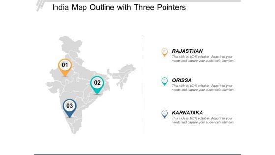 India Map Outline With Three Pointers Ppt Powerpoint Presentation Inspiration Layout
