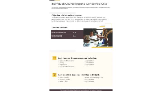 Individuals Counselling And Concerned Crisis One Pager Documents