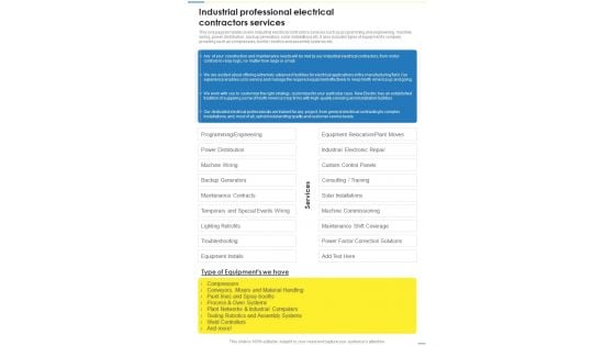 Industrial Professional Electrical Contractors Services One Pager Sample Example Document