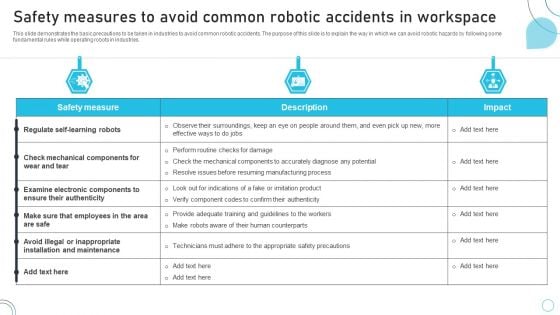 Industrial Robots System Safety Measures To Avoid Common Robotic Accidents In Workspace Themes PDF