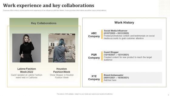 Influencer Advertising Toolkit Work Experience And Key Collaborations Template PDF