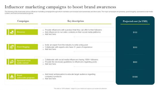 Influencer Marketing Campaigns To Boost Brand Awareness Ppt PowerPoint Presentation File Pictures PDF