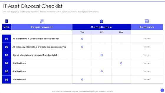 Info Safety And ISO 27001 IT Asset Disposal Checklist Icons PDF