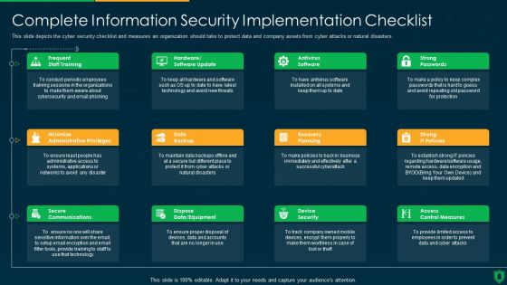 Info Security Complete Information Security Implementation Checklist Ppt PowerPoint Presentation Icon Portfolio PDF