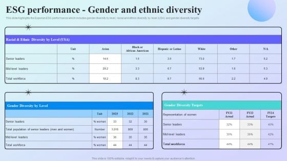 Information Analytics Company Outline ESG Performance Gender And Ethnic Diversity Icons PDF