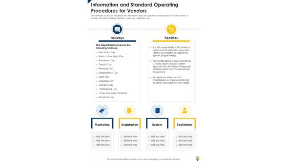 Information And Standard Operating Procedures For Vendors One Pager Sample Example Document