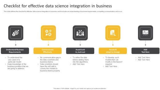 Information Science Checklist For Effective Data Science Integration In Business Ppt PowerPoint Presentation Show Gridlines PDF Information Science Checklist For Effective Data Science Integration In Business Ppt PowerPoint Presentation Show Gridlines PDF