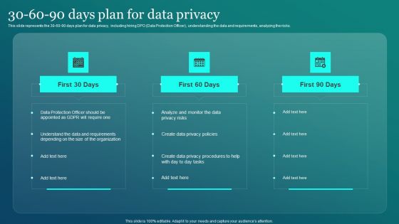 Information Security 30 60 90 Days Plan For Data Privacy Ppt PowerPoint Presentation File Gallery PDF