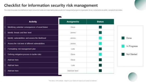 Information Systems Security And Risk Management Plan Checklist For Information Security Risk Management Mockup PDF