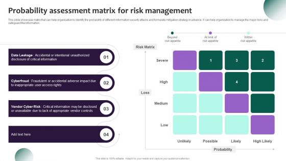 Information Systems Security And Risk Management Plan Probability Assessment Matrix For Risk Management Portrait PDF