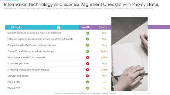 Information Technology And Business Alignment Checklist With Priority Status Icons PDF
