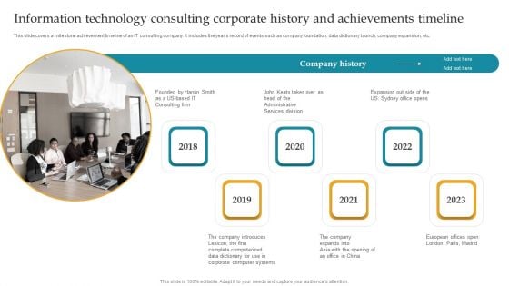 Information Technology Consulting Corporate History And Achievements Timeline Ppt Gallery Portfolio PDF