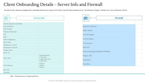 Information Technology Facilities Governance Client Onboarding Details Server Info And Firewall Ppt Ideas Display PDF Information Technology Facilities Governance Client Onboarding Details Server Info And Firewall Ppt Ideas Display PDF