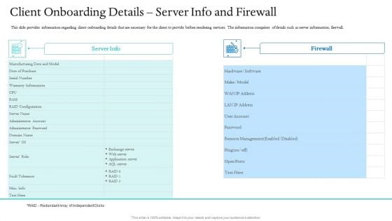 Information Technology Facilities Governance Client Onboarding Details Server Info And Firewall Ppt Ideas Display PDF