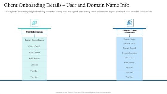 Information Technology Facilities Governance Client Onboarding Details User And Domain Name Info Ppt Outline Maker PDF