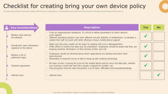 Information Technology Policy And Processes Checklist For Creating Bring Your Own Device Policy Brochure PDF