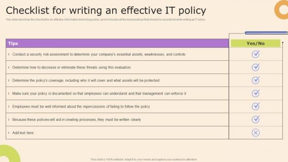 Information Technology Policy And Processes Checklist For Writing An Effective IT Policy Template PDF