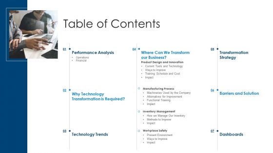 Information Technology Transformation Organization Table Of Contents Ppt Ideas Background PDF