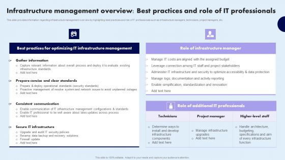 Infrastructure Management Overview Best Practices And Role Of IT Professionals Themes PDF