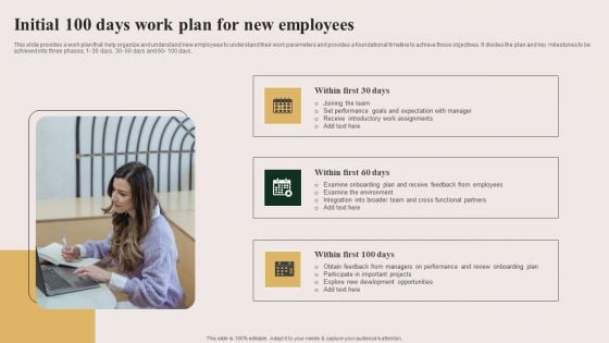 Initial 100 Days Work Plan For New Employees Formats PDF