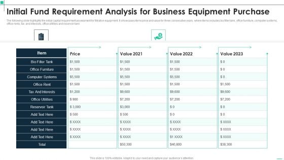 Initial Fund Requirement Analysis For Business Equipment Purchase Themes PDF