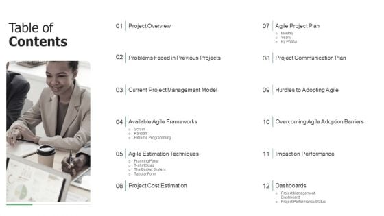 Initiation To Agile Project Administration Table Of Contents Template PDF