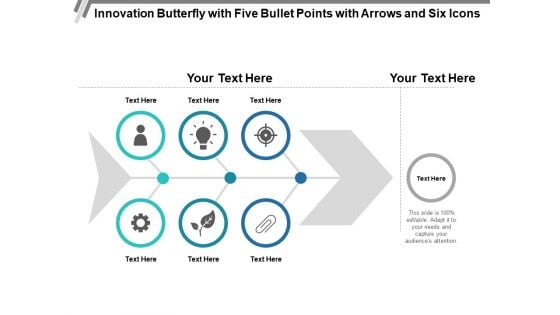 Innovation Butterfly With Five Bullet Points With Arrows And Six Icons Ppt PowerPoint Presentation Slides Inspiration PDF